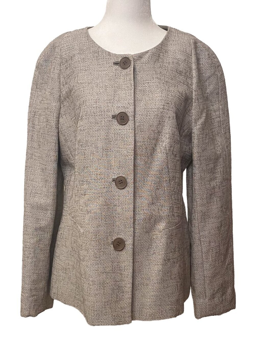Vintage Lafayette 148 Collarless Scoop Neck Khaki Button Blazer Sz 10 80s 90s